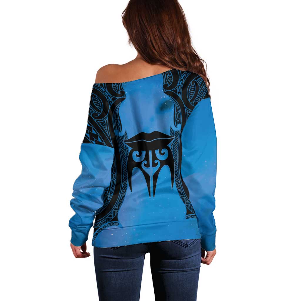 Personalised Moko Kauae New Zealand Off Shoulder Sweater Maori Chin Tattoo Blue - Aussie Hoodie