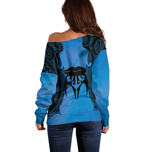 Personalised Moko Kauae New Zealand Off Shoulder Sweater Maori Chin Tattoo Blue - Aussie Hoodie