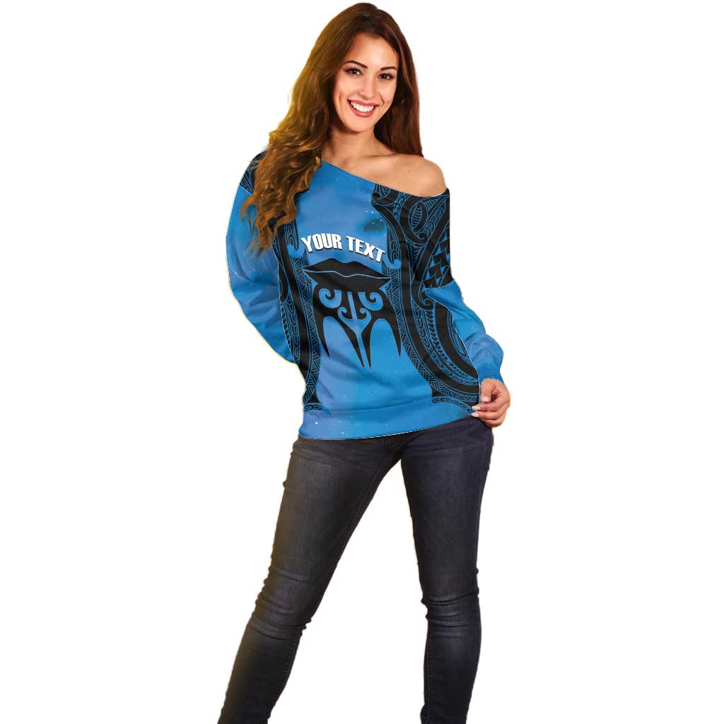 Personalised Moko Kauae New Zealand Off Shoulder Sweater Maori Chin Tattoo Blue - Aussie Hoodie