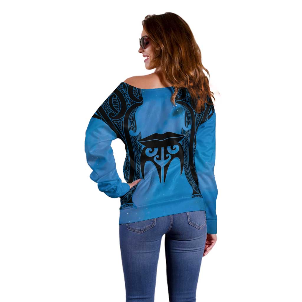 Personalised Moko Kauae New Zealand Off Shoulder Sweater Maori Chin Tattoo Blue - Aussie Hoodie