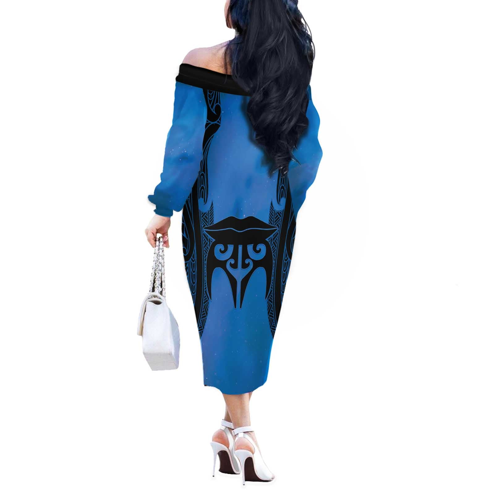 Personalised Moko Kauae New Zealand Off The Shoulder Long Sleeve Dress Maori Chin Tattoo Blue - Aussie Hoodie