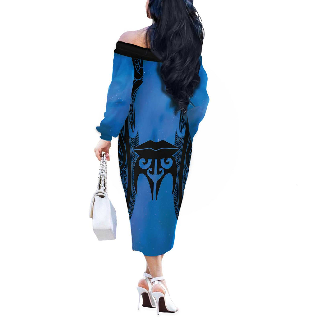 Personalised Moko Kauae New Zealand Off The Shoulder Long Sleeve Dress Maori Chin Tattoo Blue - Aussie Hoodie