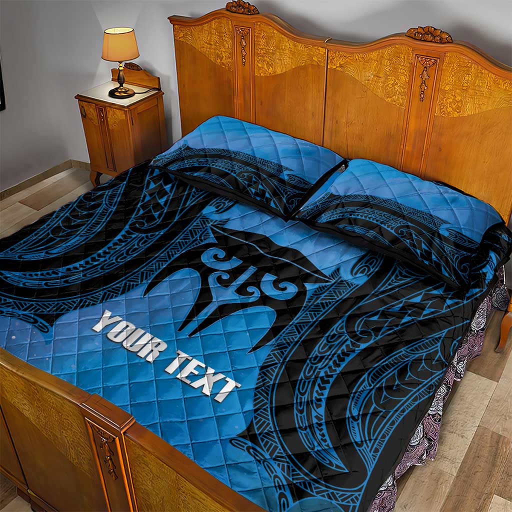 Personalised Moko Kauae New Zealand Quilt Bed Set Maori Chin Tattoo Blue - Aussie Hoodie