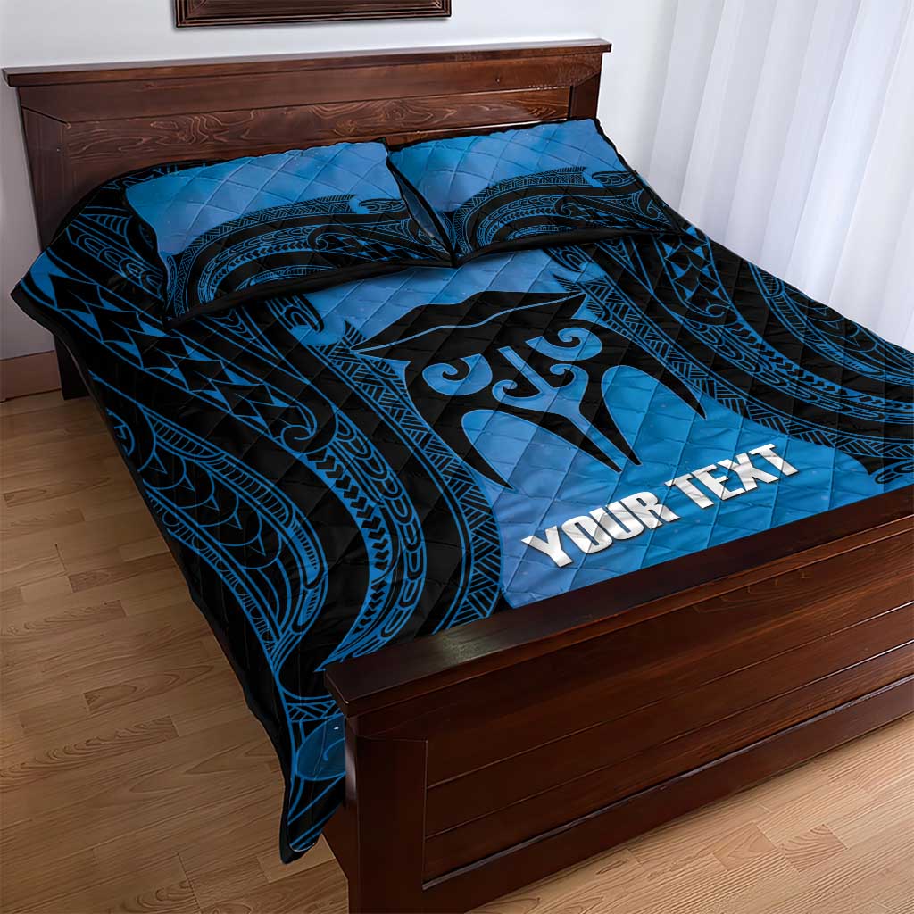 Personalised Moko Kauae New Zealand Quilt Bed Set Maori Chin Tattoo Blue - Aussie Hoodie
