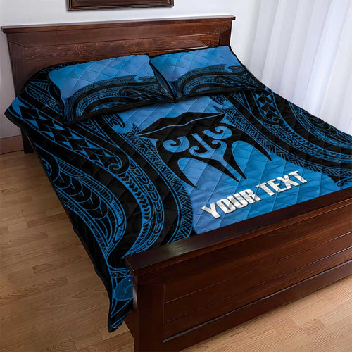 Personalised Moko Kauae New Zealand Quilt Bed Set Maori Chin Tattoo Blue - Aussie Hoodie
