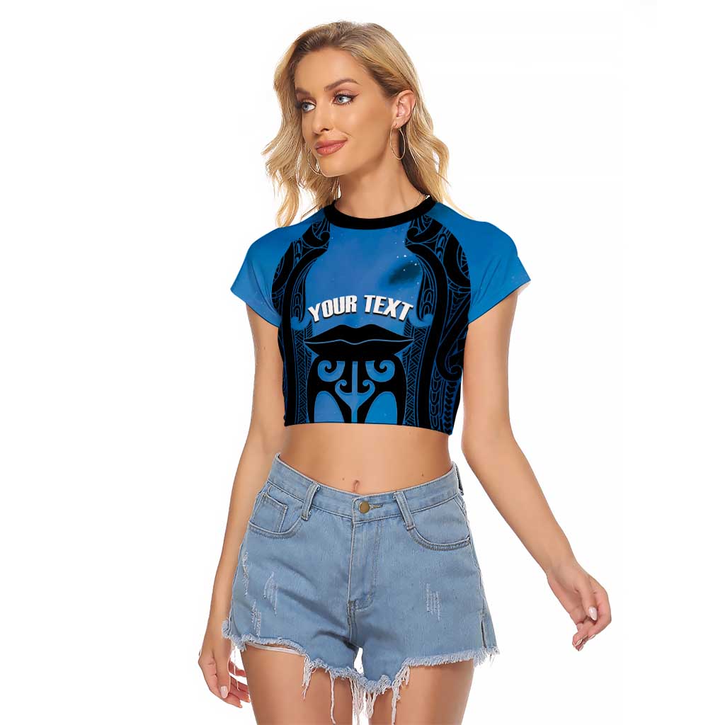 Personalised Moko Kauae New Zealand Raglan Cropped T Shirt Maori Chin Tattoo Blue - Aussie Hoodie