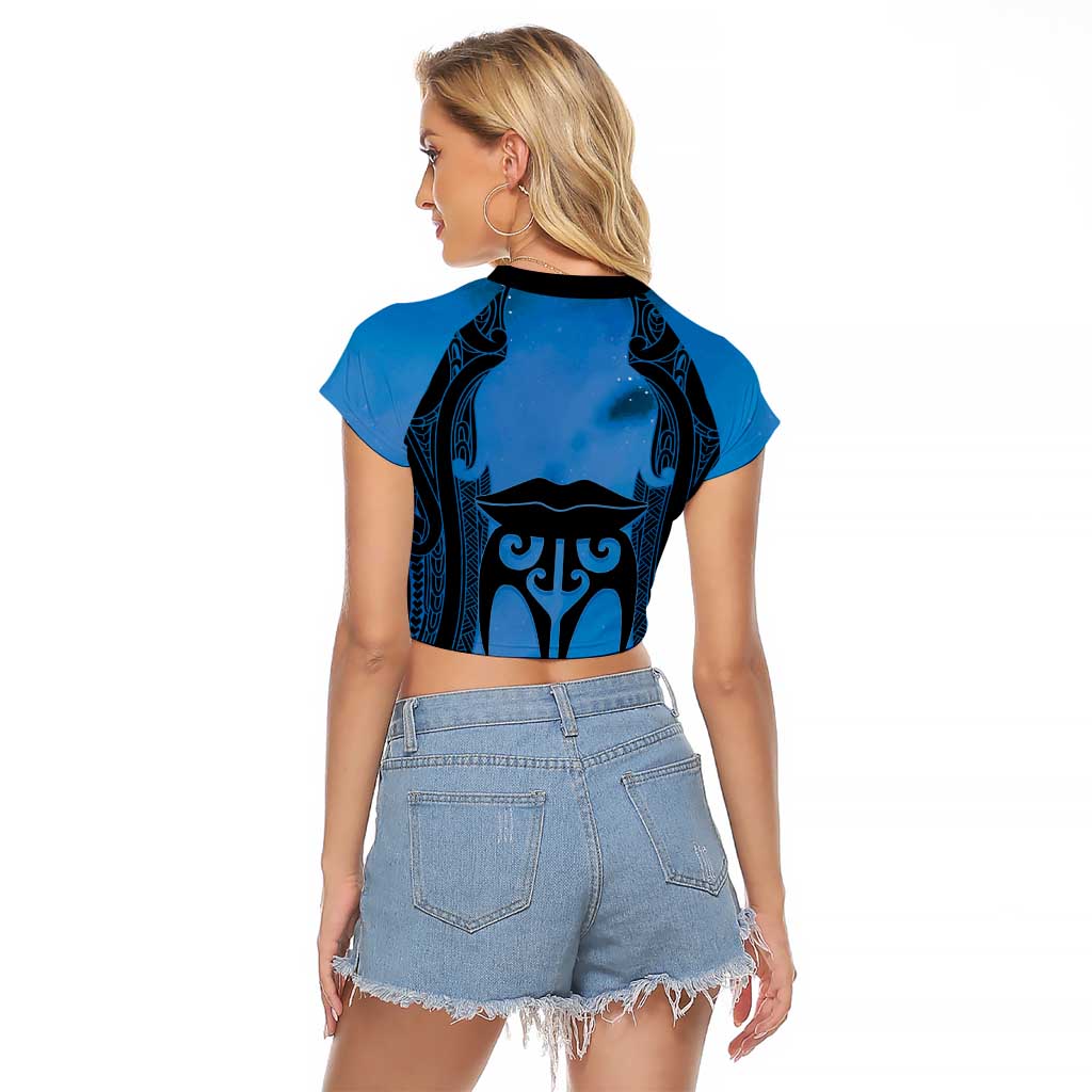 Personalised Moko Kauae New Zealand Raglan Cropped T Shirt Maori Chin Tattoo Blue - Aussie Hoodie