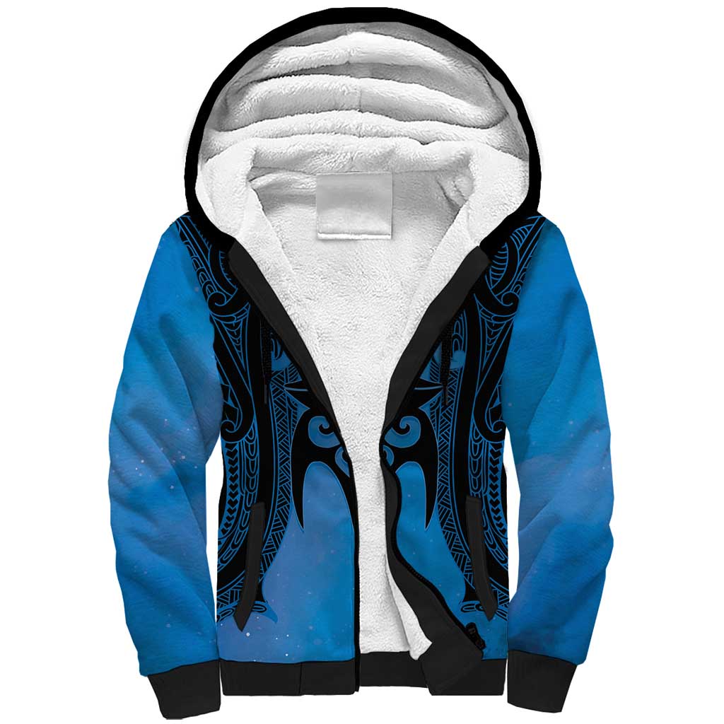 Personalised Moko Kauae New Zealand Sherpa Hoodie Maori Chin Tattoo Blue - Aussie Hoodie