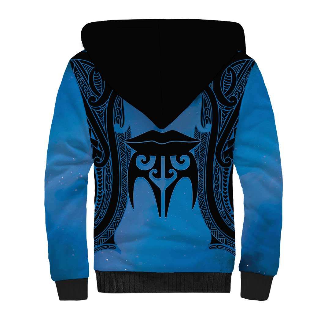 Personalised Moko Kauae New Zealand Sherpa Hoodie Maori Chin Tattoo Blue - Aussie Hoodie