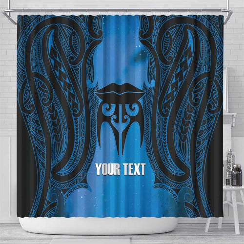 Personalised Moko Kauae New Zealand Shower Curtain Maori Chin Tattoo Blue - Aussie Hoodie