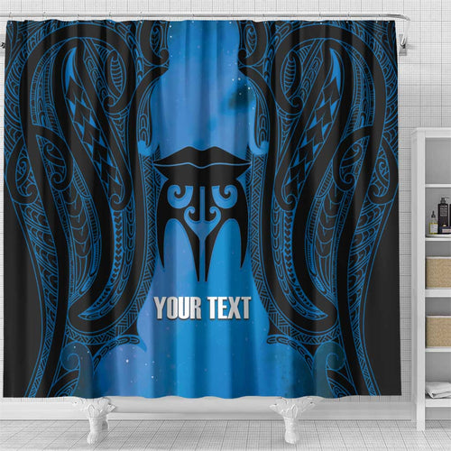 Personalised Moko Kauae New Zealand Shower Curtain Maori Chin Tattoo Blue - Aussie Hoodie