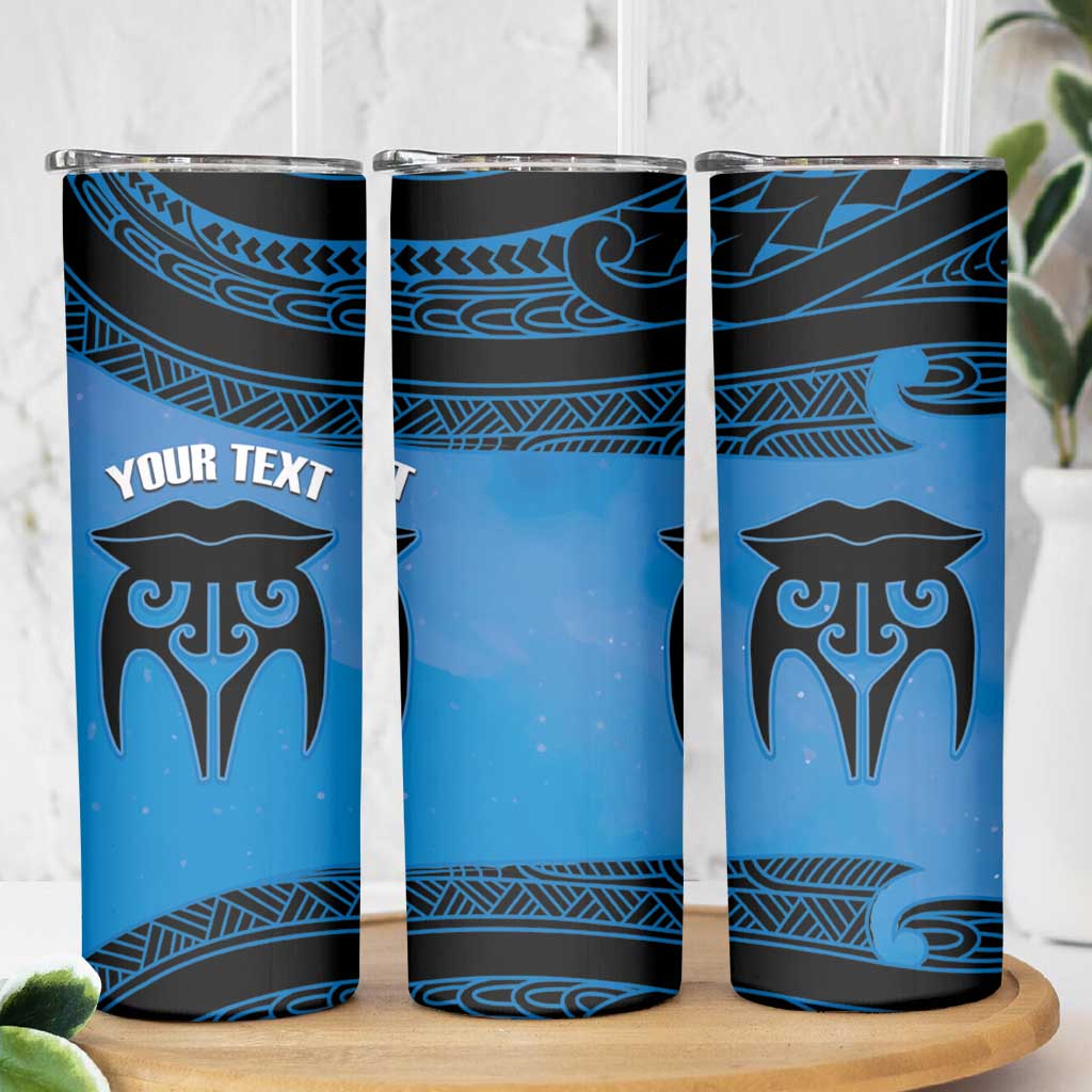 Personalised Moko Kauae New Zealand Skinny Tumbler Maori Chin Tattoo Blue - Aussie Hoodie