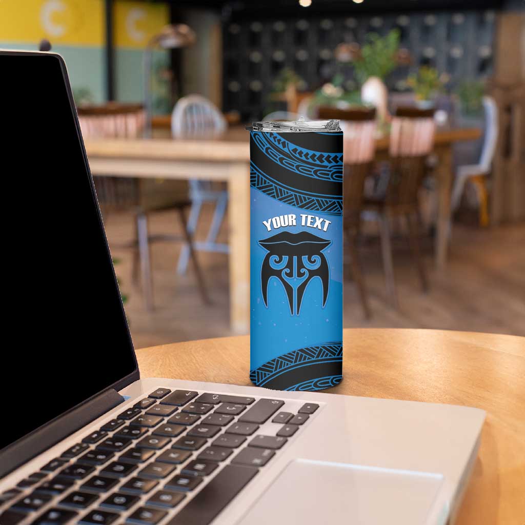Personalised Moko Kauae New Zealand Skinny Tumbler Maori Chin Tattoo Blue - Aussie Hoodie