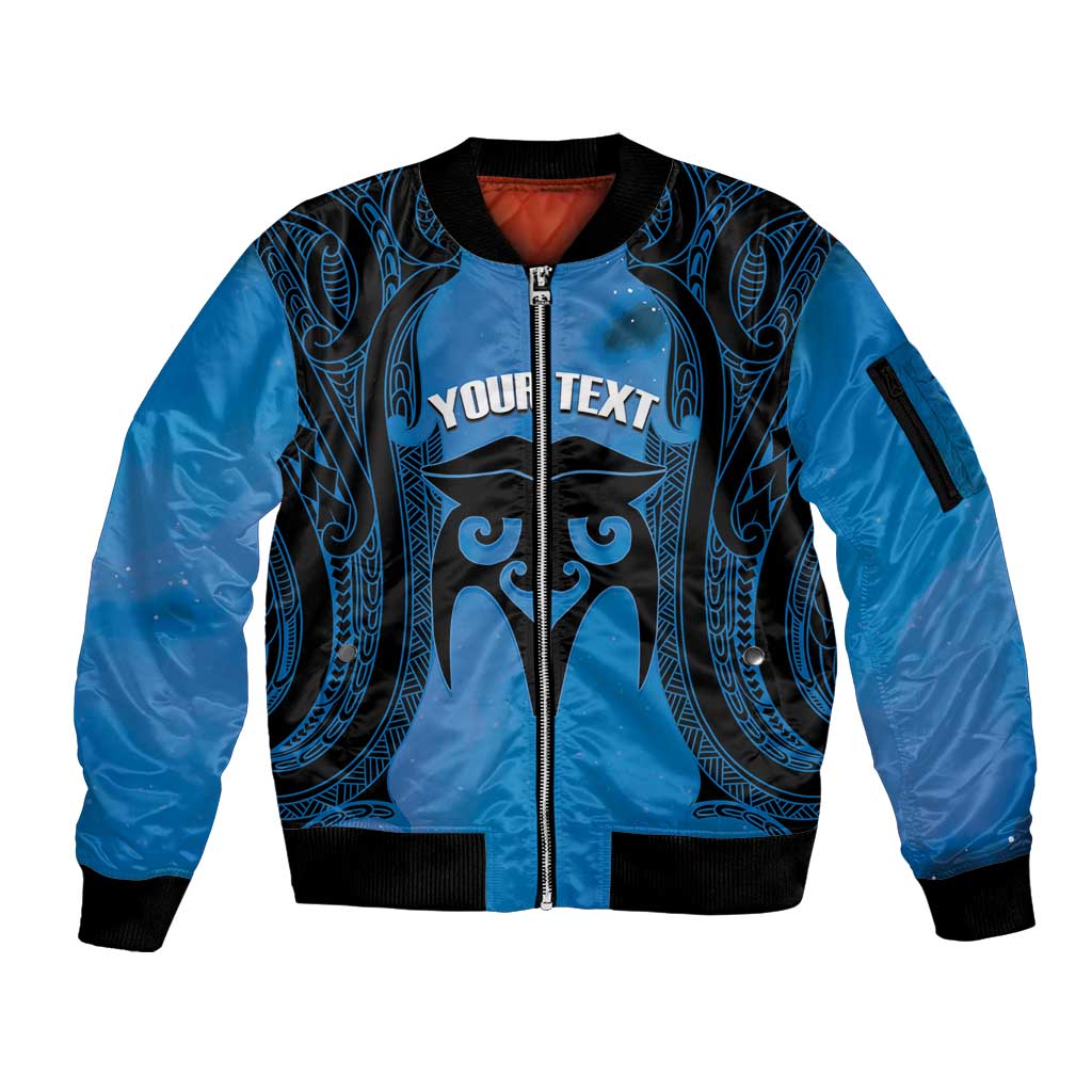 Personalised Moko Kauae New Zealand Sleeve Zip Bomber Jacket Maori Chin Tattoo Blue - Aussie Hoodie