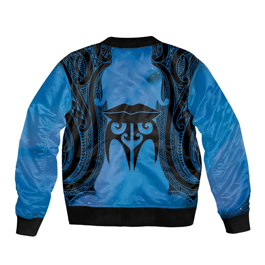 Personalised Moko Kauae New Zealand Sleeve Zip Bomber Jacket Maori Chin Tattoo Blue - Aussie Hoodie