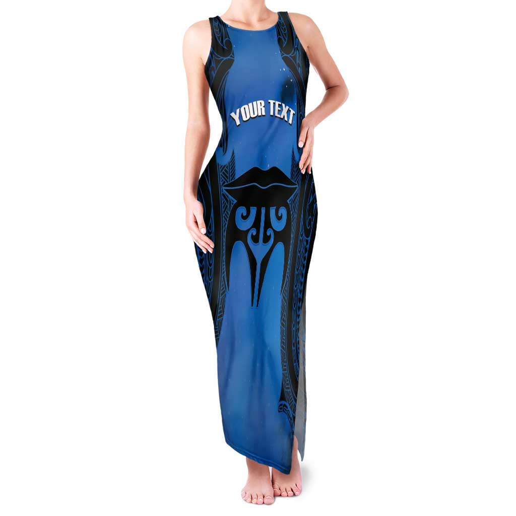 Personalised Moko Kauae New Zealand Tank Maxi Dress Maori Chin Tattoo Blue - Aussie Hoodie