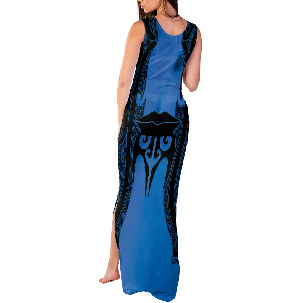 Personalised Moko Kauae New Zealand Tank Maxi Dress Maori Chin Tattoo Blue - Aussie Hoodie