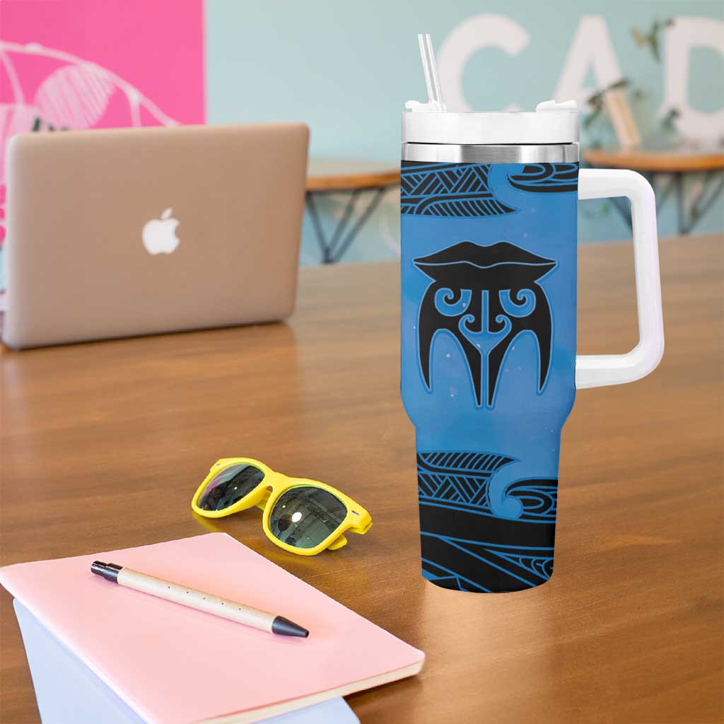 Personalised Moko Kauae New Zealand Tumbler With Handle Maori Chin Tattoo Blue - Aussie Hoodie
