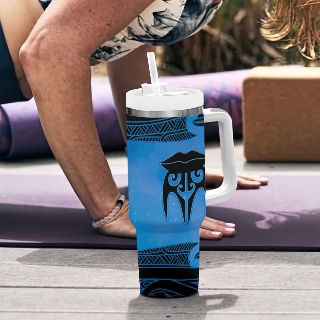 Personalised Moko Kauae New Zealand Tumbler With Handle Maori Chin Tattoo Blue - Aussie Hoodie
