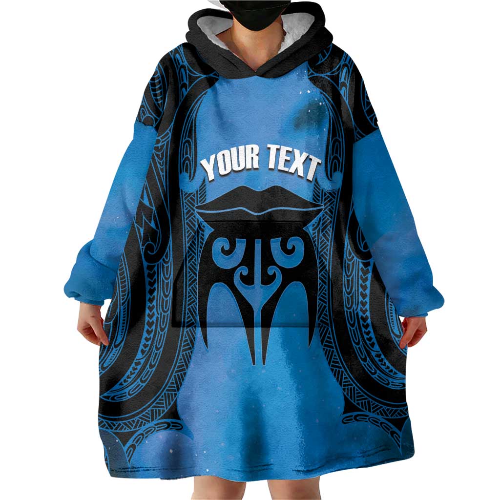 Personalised Moko Kauae New Zealand Wearable Blanket Hoodie Maori Chin Tattoo Blue - Aussie Hoodie