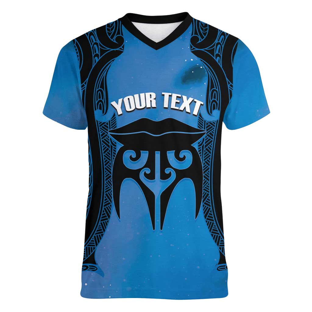 Personalised Moko Kauae New Zealand Women V-Neck T-Shirt Maori Chin Tattoo Blue - Aussie Hoodie