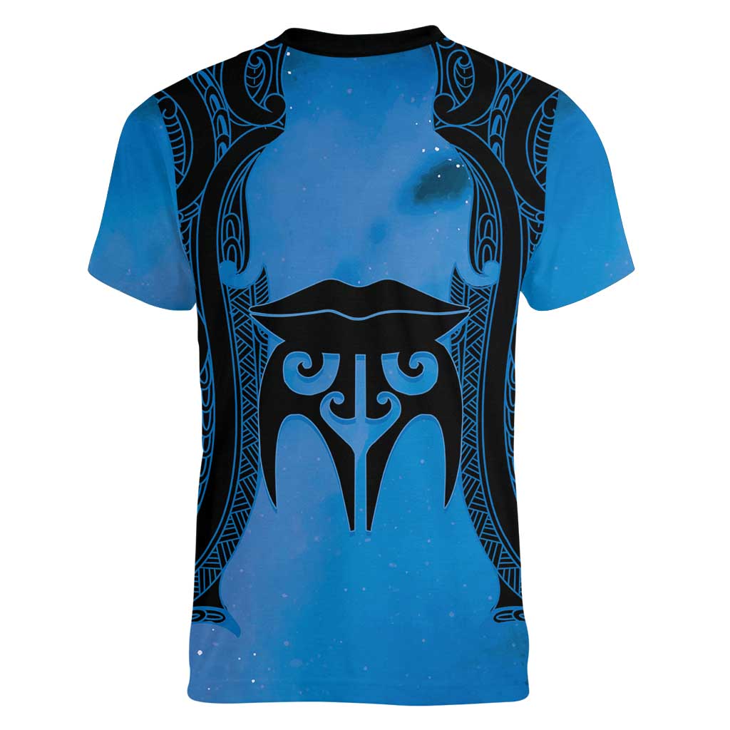 Personalised Moko Kauae New Zealand Women V-Neck T-Shirt Maori Chin Tattoo Blue - Aussie Hoodie