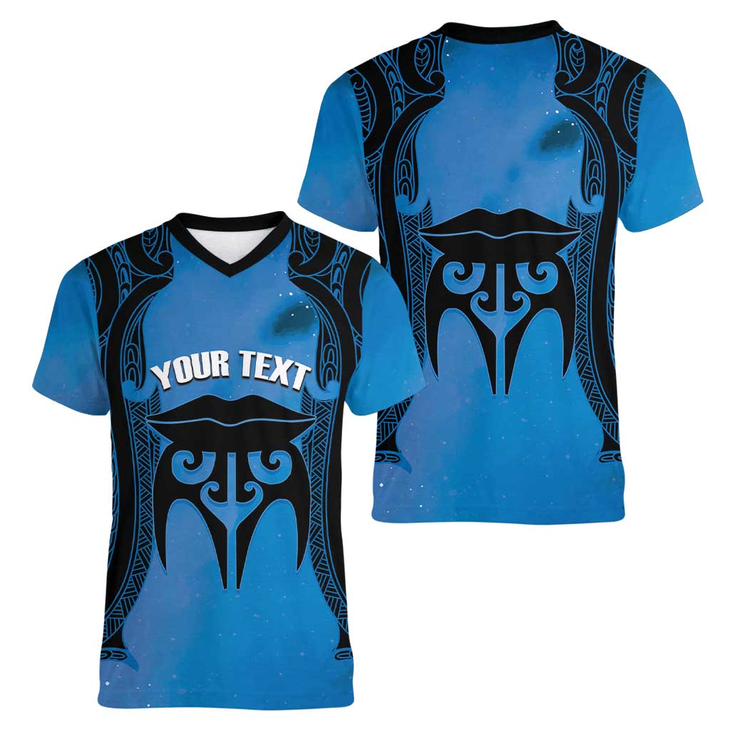 Personalised Moko Kauae New Zealand Women V-Neck T-Shirt Maori Chin Tattoo Blue - Aussie Hoodie