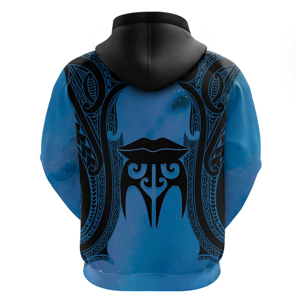 Personalised Moko Kauae New Zealand Zip Hoodie Maori Chin Tattoo Blue - Aussie Hoodie