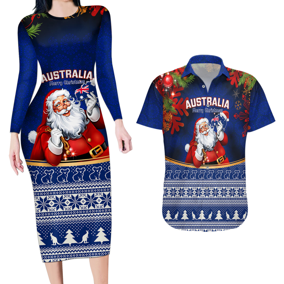 personalised-christmas-in-july-couples-matching-long-sleeve-bodycon-dress-and-hawaiian-shirt-happy-santa-claus-with-australia-map-blue-style