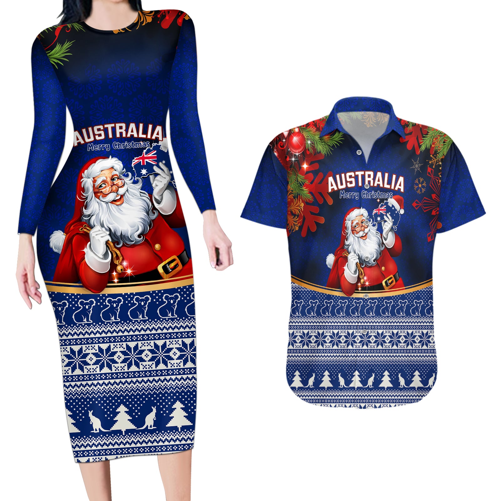 personalised-christmas-in-july-couples-matching-long-sleeve-bodycon-dress-and-hawaiian-shirt-happy-santa-claus-with-australia-map-blue-style