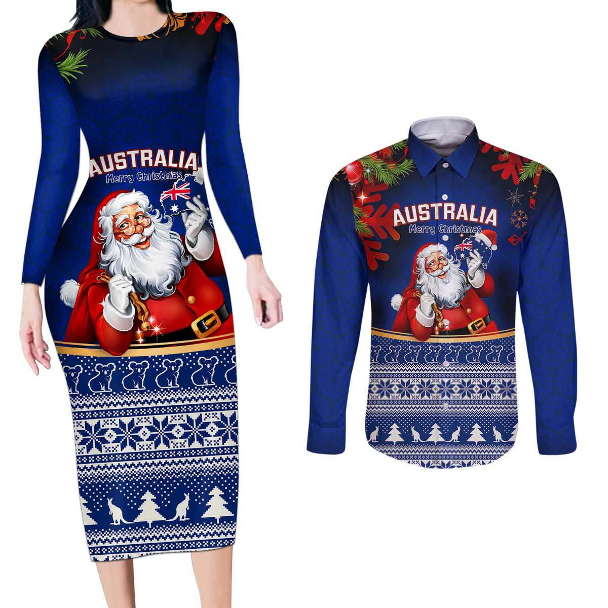 personalised-christmas-in-july-couples-matching-long-sleeve-bodycon-dress-and-long-sleeve-button-shirts-happy-santa-claus-with-australia-map-blue-style