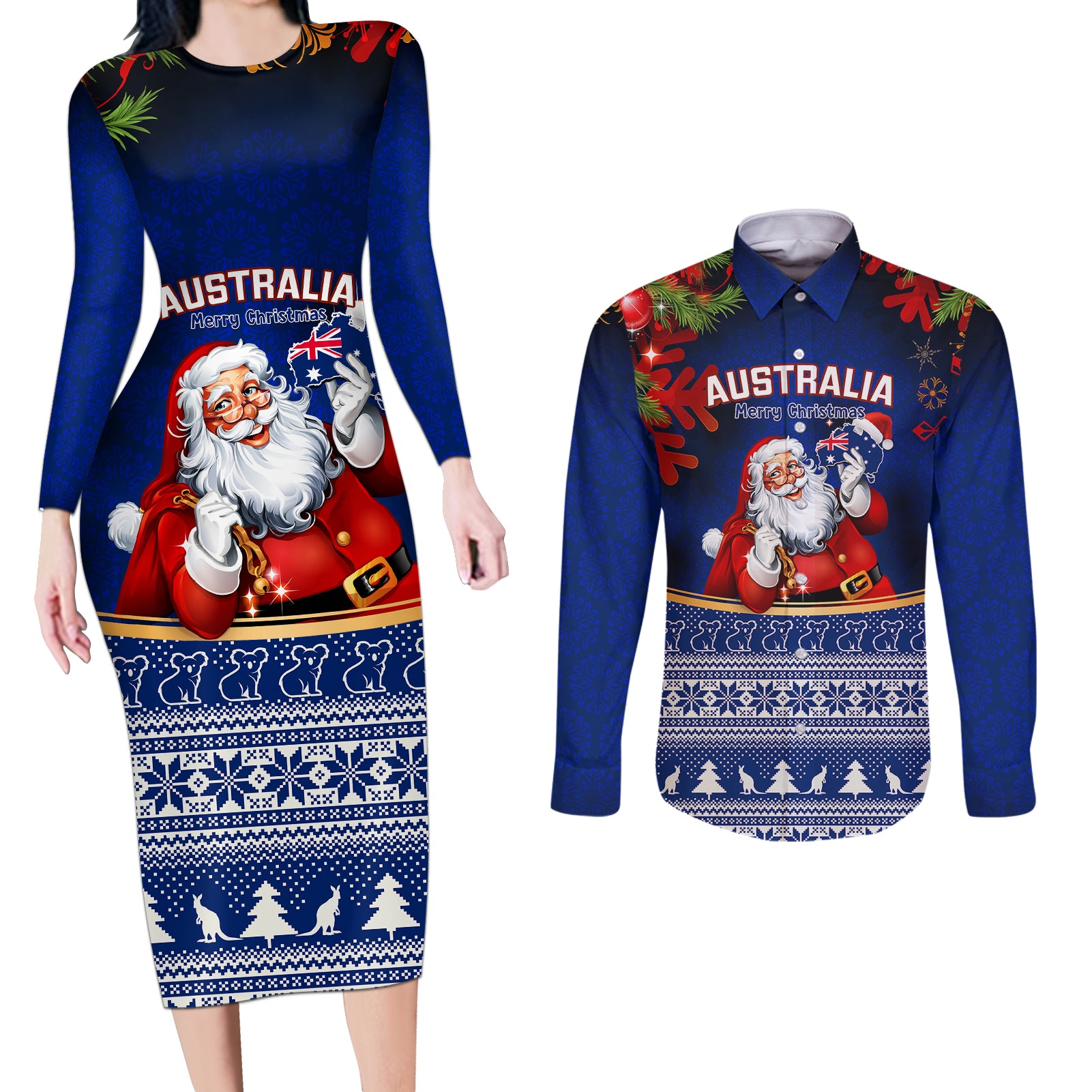 personalised-christmas-in-july-couples-matching-long-sleeve-bodycon-dress-and-long-sleeve-button-shirts-happy-santa-claus-with-australia-map-blue-style