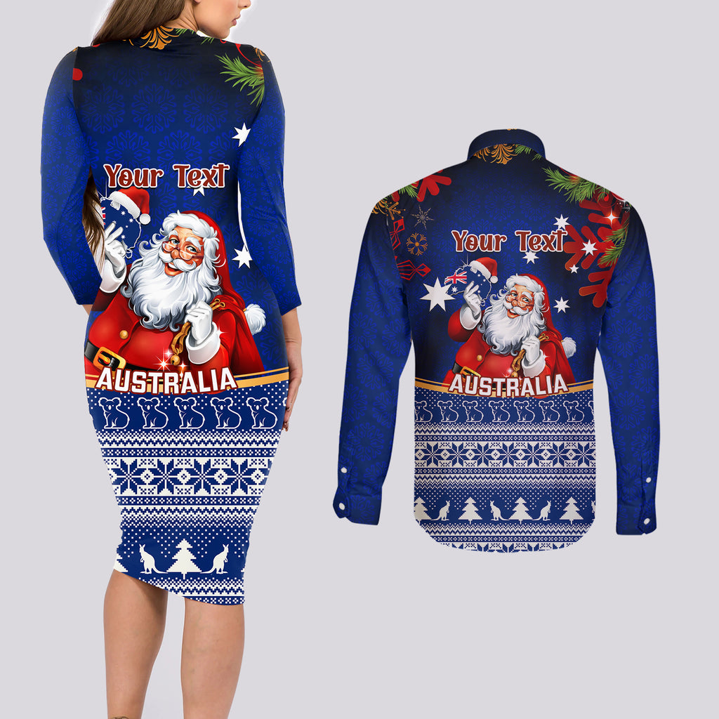 personalised-christmas-in-july-couples-matching-long-sleeve-bodycon-dress-and-long-sleeve-button-shirts-happy-santa-claus-with-australia-map-blue-style