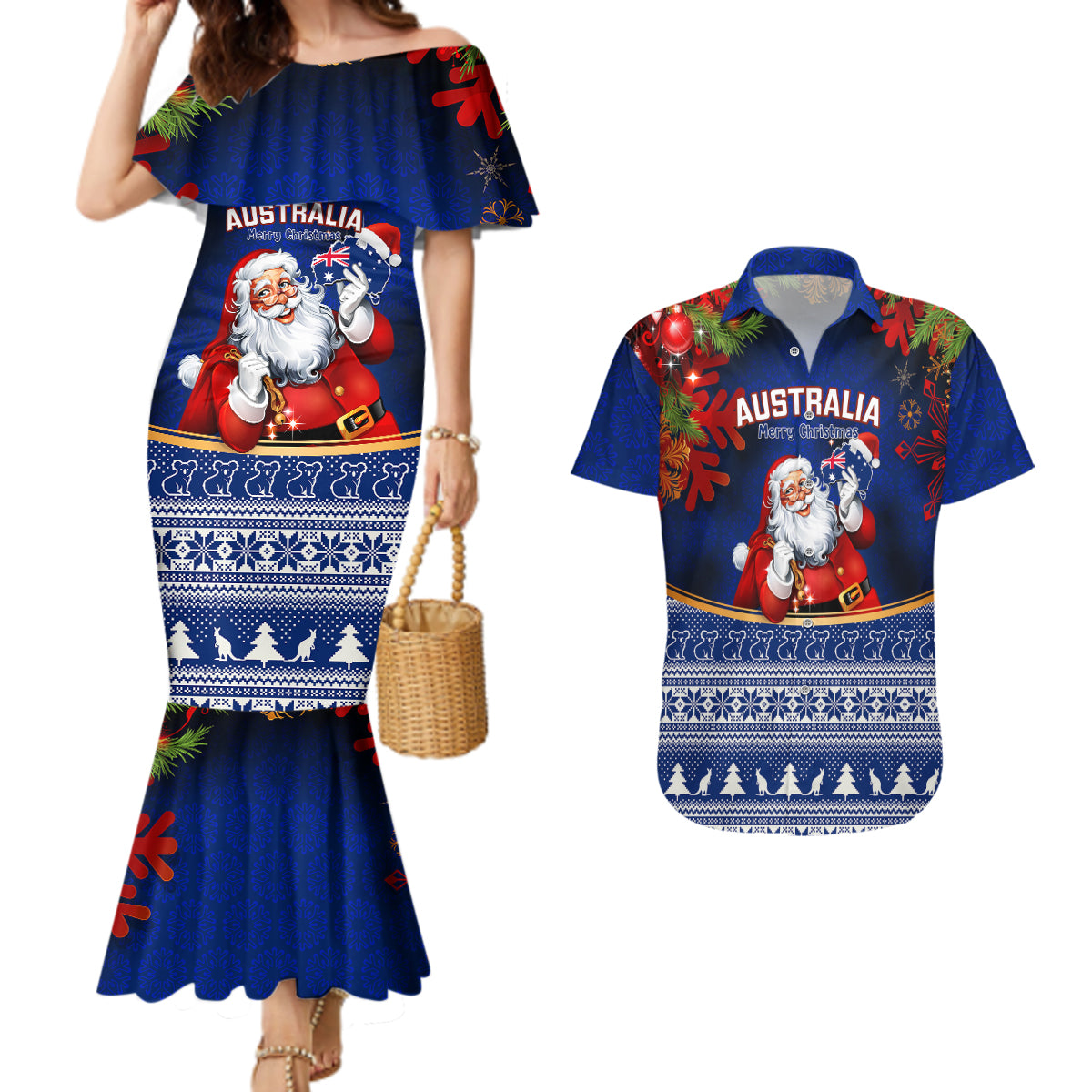 personalised-christmas-in-july-couples-matching-mermaid-dress-and-hawaiian-shirt-happy-santa-claus-with-australia-map-blue-style