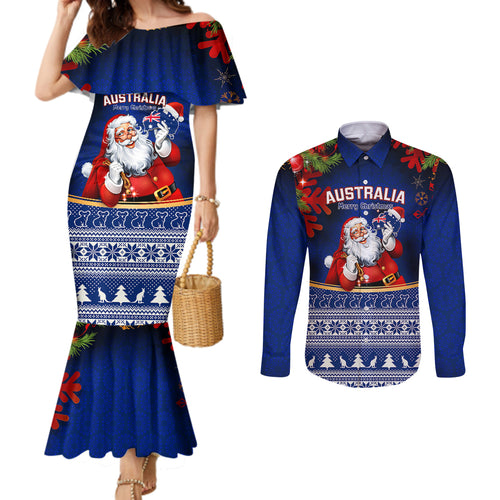 personalised-christmas-in-july-couples-matching-mermaid-dress-and-long-sleeve-button-shirts-happy-santa-claus-with-australia-map-blue-style