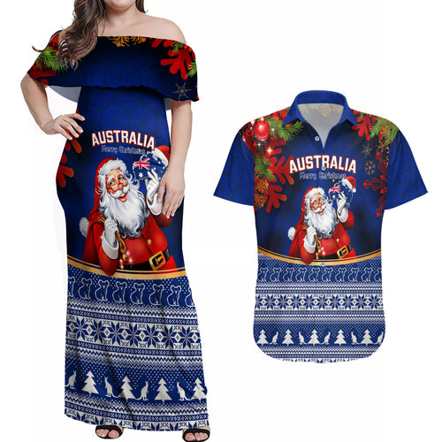 personalised-christmas-in-july-couples-matching-off-shoulder-maxi-dress-and-hawaiian-shirt-happy-santa-claus-with-australia-map-blue-style
