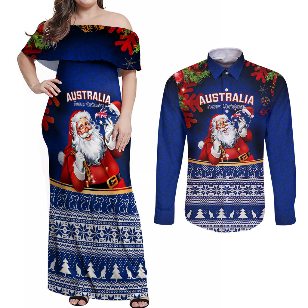 personalised-christmas-in-july-couples-matching-off-shoulder-maxi-dress-and-long-sleeve-button-shirts-happy-santa-claus-with-australia-map-blue-style