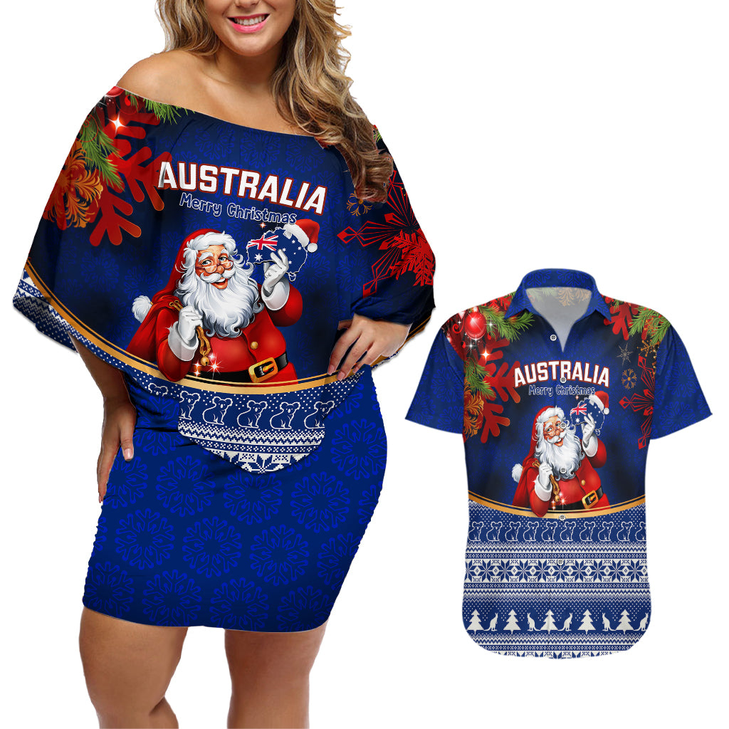 personalised-christmas-in-july-couples-matching-off-shoulder-short-dress-and-hawaiian-shirt-happy-santa-claus-with-australia-map-blue-style
