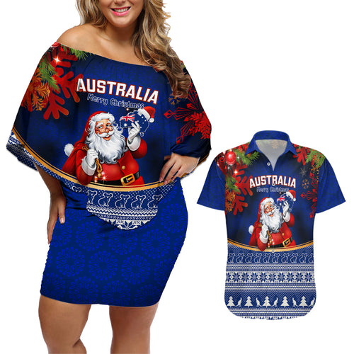 personalised-christmas-in-july-couples-matching-off-shoulder-short-dress-and-hawaiian-shirt-happy-santa-claus-with-australia-map-blue-style