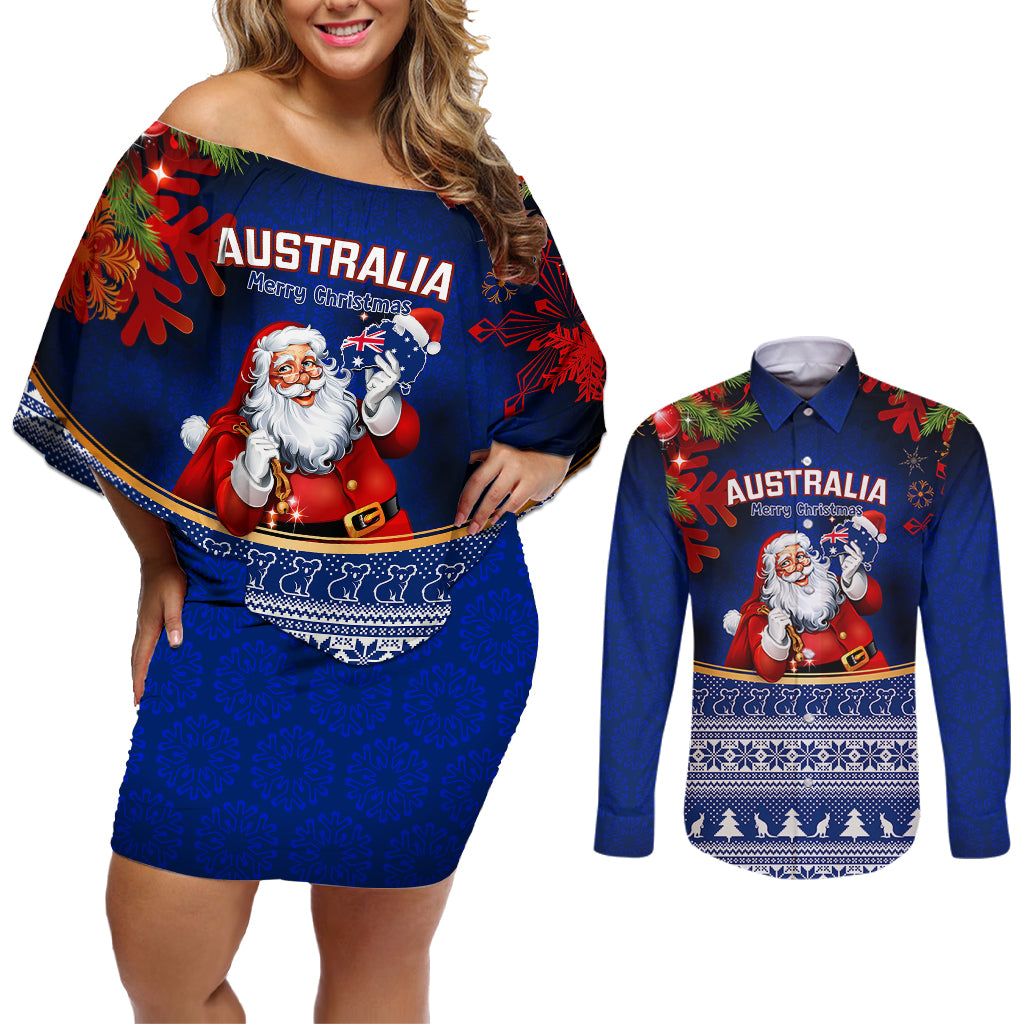personalised-christmas-in-july-couples-matching-off-shoulder-short-dress-and-long-sleeve-button-shirts-happy-santa-claus-with-australia-map-blue-style