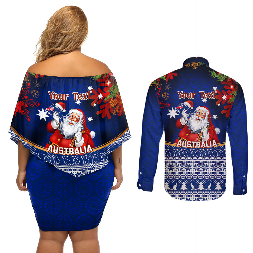 personalised-christmas-in-july-couples-matching-off-shoulder-short-dress-and-long-sleeve-button-shirts-happy-santa-claus-with-australia-map-blue-style