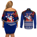 personalised-christmas-in-july-couples-matching-off-shoulder-short-dress-and-long-sleeve-button-shirts-happy-santa-claus-with-australia-map-blue-style