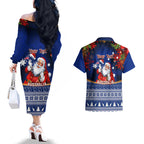 personalised-christmas-in-july-couples-matching-off-the-shoulder-long-sleeve-dress-and-hawaiian-shirt-happy-santa-claus-with-australia-map-blue-style