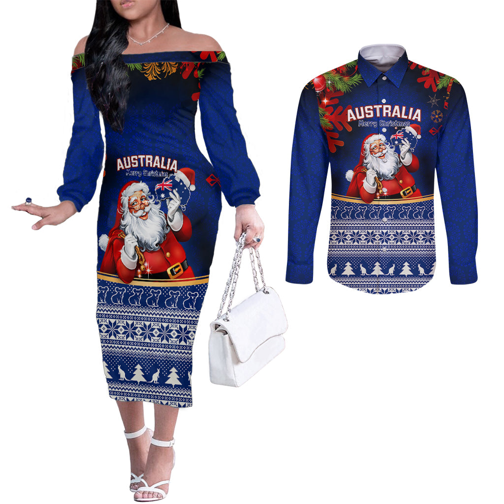 personalised-christmas-in-july-couples-matching-off-the-shoulder-long-sleeve-dress-and-long-sleeve-button-shirts-happy-santa-claus-with-australia-map-blue-style