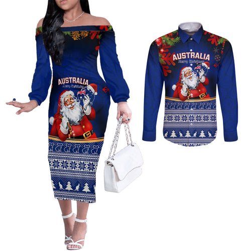 personalised-christmas-in-july-couples-matching-off-the-shoulder-long-sleeve-dress-and-long-sleeve-button-shirts-happy-santa-claus-with-australia-map-blue-style