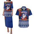 personalised-christmas-in-july-couples-matching-puletasi-dress-and-hawaiian-shirt-happy-santa-claus-with-australia-map-blue-style