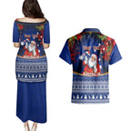 personalised-christmas-in-july-couples-matching-puletasi-dress-and-hawaiian-shirt-happy-santa-claus-with-australia-map-blue-style