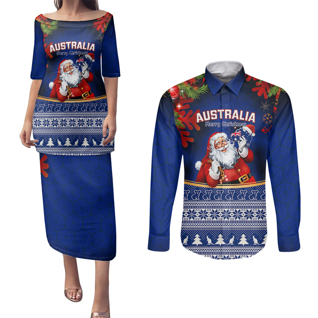 personalised-christmas-in-july-couples-matching-puletasi-dress-and-long-sleeve-button-shirts-happy-santa-claus-with-australia-map-blue-style