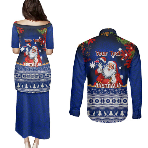 personalised-christmas-in-july-couples-matching-puletasi-dress-and-long-sleeve-button-shirts-happy-santa-claus-with-australia-map-blue-style