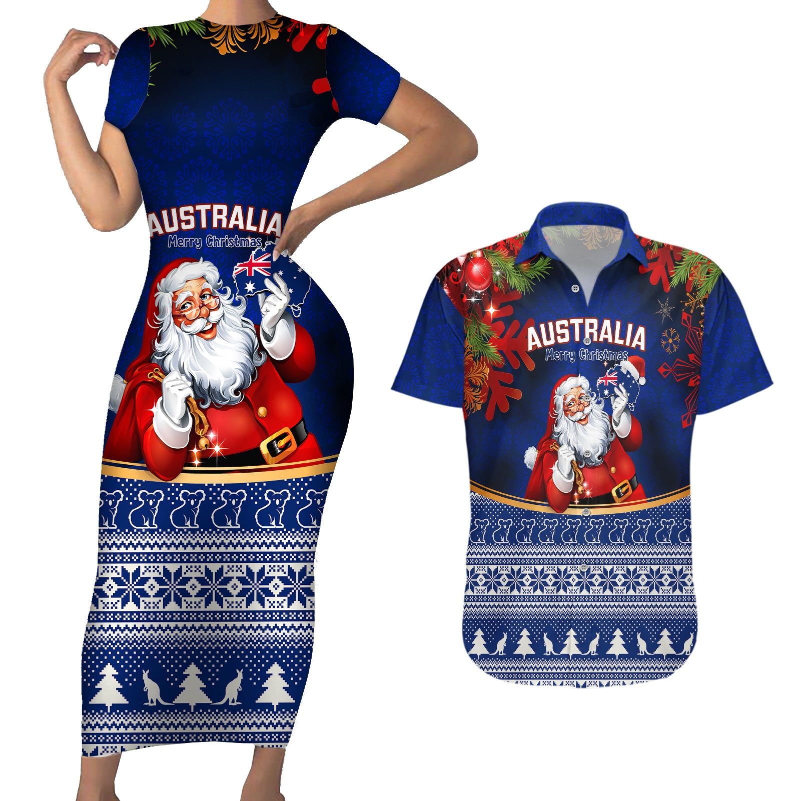 personalised-christmas-in-july-couples-matching-short-sleeve-bodycon-dress-and-hawaiian-shirt-happy-santa-claus-with-australia-map-blue-style